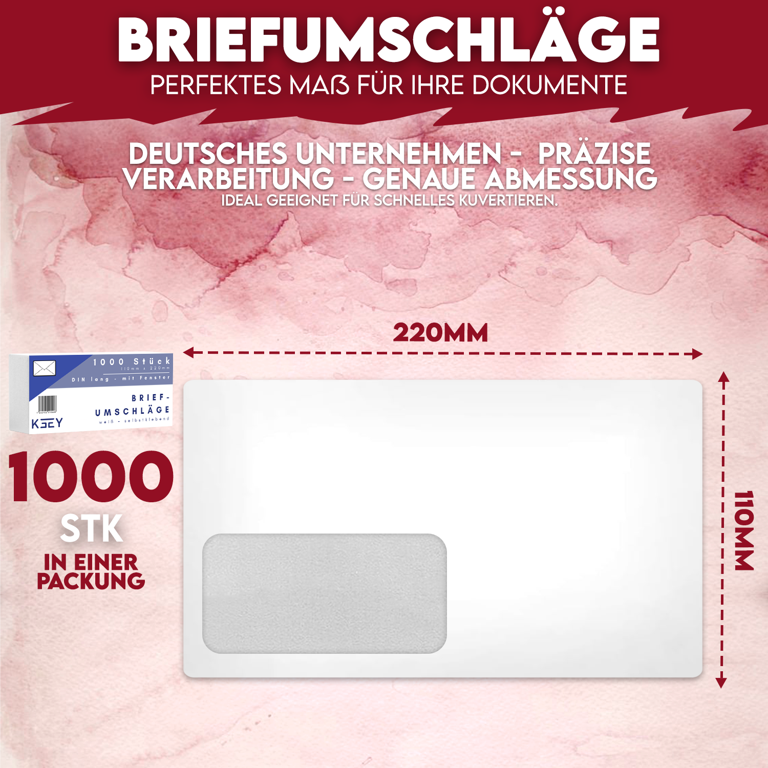 1000 Briefumschläge DIN Lang 110x220 80gr MIT Fenster