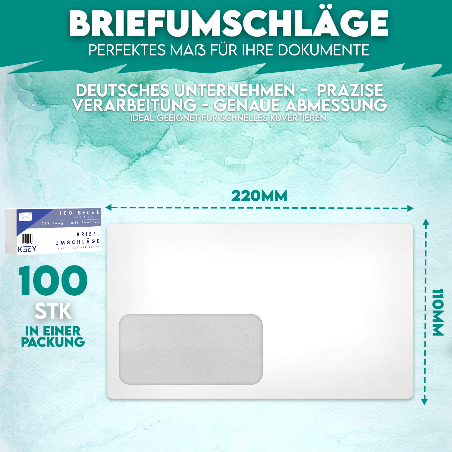 100 Briefumschläge DIN Lang 110x220 80gr MIT Fenster