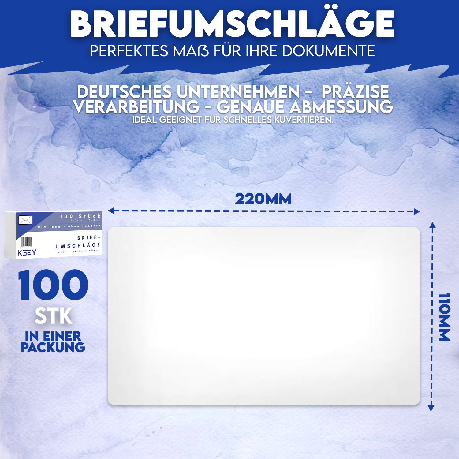 100 Briefumschläge - DIN Lang 110x220 - 80gr - OHNE Fenster