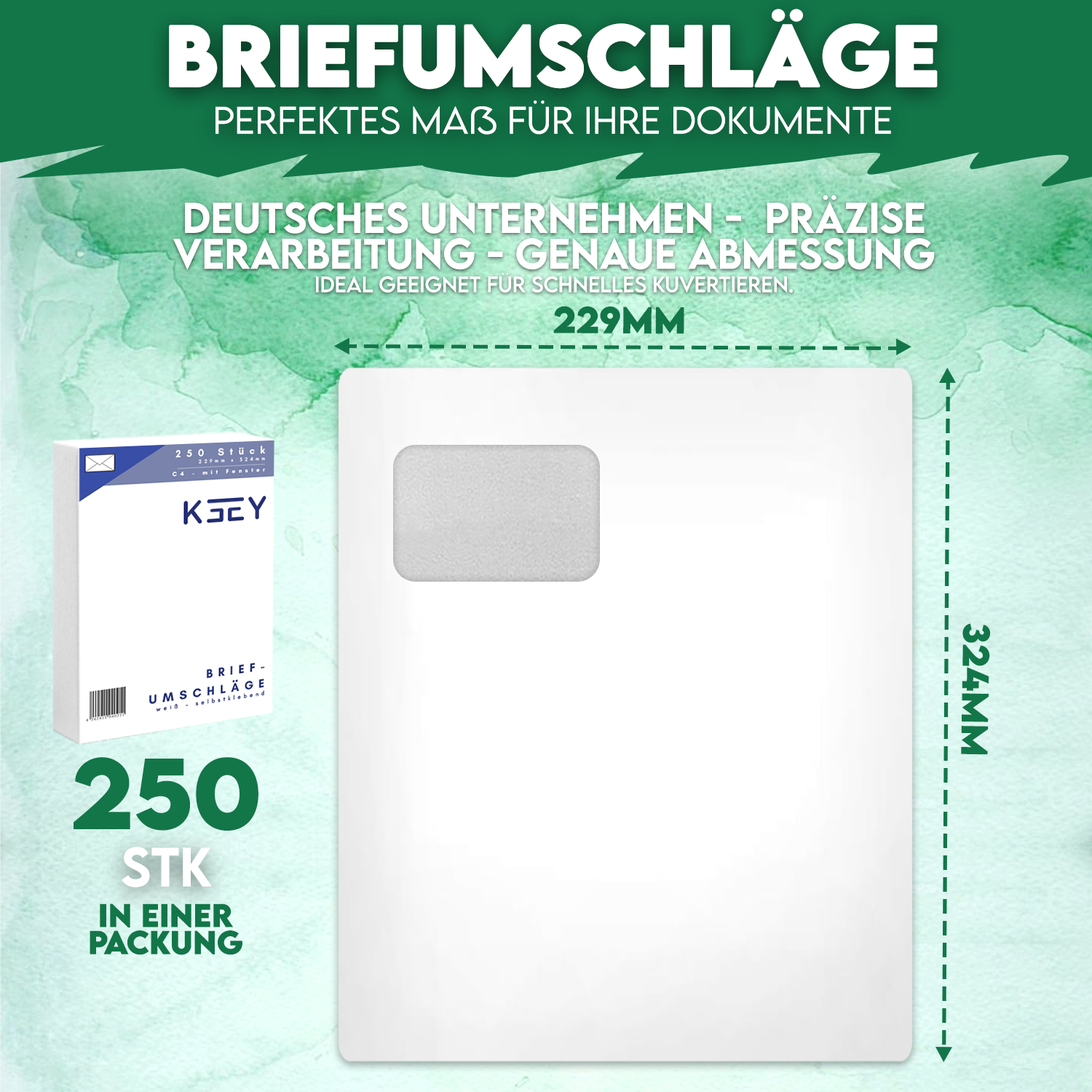 250 Briefumschläge C4 - 90gr - MIT Fenster